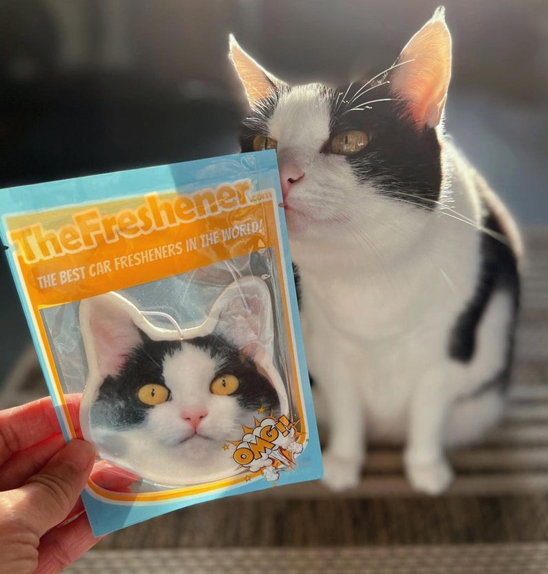 Puede incluir: Un gato blanco y negro mira un ambientador de coche con una imagen de un gato blanco y negro en &eacute;l. El ambientador est&aacute; empaquetado en una bolsa azul y naranja con el texto "The Fresherner.com The best car fresheners in the world!" y "OMG!" impreso en &eacute;l.