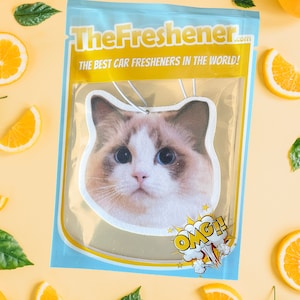 Puede incluir: Un ambientador de coche con la cara de un gato blanco y marr&oacute;n con el texto "TheFresher.com" y "The Best Car Fresheners in the World!" sobre un fondo azul y blanco. El ambientador tiene una cuerda blanca que cuelga y el texto "OMG!" en un bocadillo amarillo.
