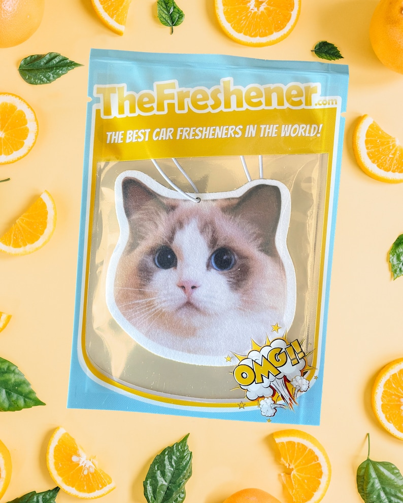 Puede incluir: Un ambientador de coche con la cara de un gato blanco y marr&oacute;n con el texto "TheFresher.com" y "The Best Car Fresheners in the World!" sobre un fondo azul y blanco. El ambientador tiene una cuerda blanca que cuelga y el texto "OMG!" en un bocadillo amarillo.