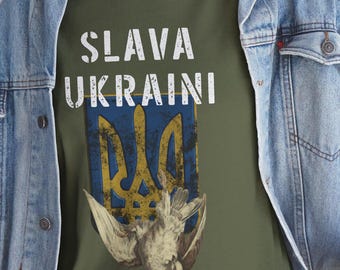 Slava Ukraini Shield Emblem T-shirt, Unisex Heavy Cotton Tee, Ukrainian Pride, Support Ukraine, War Peace Dove Tee