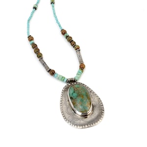 Handcarved Sterling Silver Turquoise Necklace: Artisan Oxidized Design