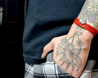 Bracelet feuille en argent sterling et cuir véritable, bracelet triple tour rouge