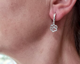 Sterling Silver Paw Print Dangle Earrings: Animal Lover Gift