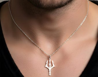 Mythical Poseidon Trident Pendant in 925 Silver, Men's Neptune Jewelry