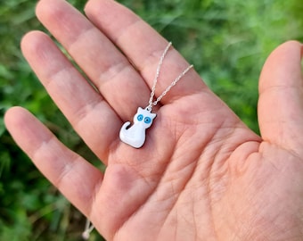 Handmade White Cat Enamel Necklace: 925 Sterling Silver Chain Pendant