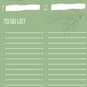 May include: A green to-do list with a white background. The list has two sections: "Priorities" and "To Do List". The "Priorities" section has two blank spaces for writing. The "To Do List" section has 18 blank lines with checkboxes next to each line. The list is decorated with a black and white drawing of an olive branch.