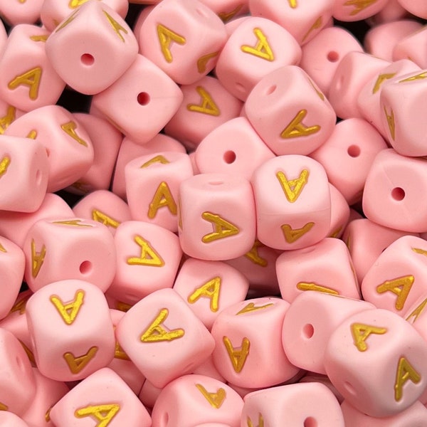 12mm Silicone MAMA Letter Beads Pink with Gold Custom Color Letters