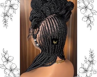 Black Realistic Koroba Braids Style Full Lace Braids Wig | 22 Inch Feed-In Cornrow Braids Wig for Black Women | African Shortbraids Wig