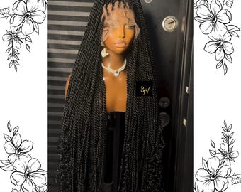 Black Medium Box Twist Braided Wig Full Lace, Synthetic Box Blackwomen Braid Wig, Long Twisting Braids With Curly Tip, Braidswig Braidznwigz
