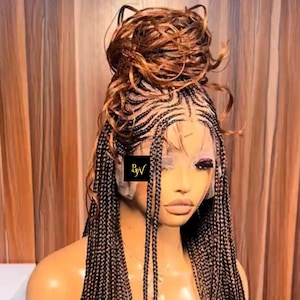 Colorful French Curl Cornrow Braids Wig – Full Lace 30&quot; Ghana Weaving Braidedwig | Long Glueless Synthetic Braided Wig | Dark Lady Gift Wig