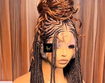 Colorful French Curl Cornrow Braids Wig – Full Lace 30&quot; Ghana Weaving Braidedwig | Long Glueless Synthetic Braided Wig | Dark Lady Gift Wig