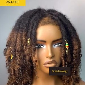 May include: A mannequin head with a curly, two-toned wig. The wig is black at the roots and fades to brown. Gold and green hair accessories are visible. The text "35% OFF" is in a yellow rectangle. The text "BraidznWigz" is in a black rectangle.