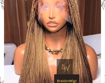 Peluca trenzada de rizo francés: trenzas de caja sin nudos, recogido frontal con encaje completo, trenza española de colores
