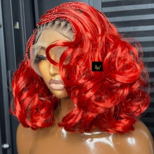 Rode synthetische korte gevlochten kanten pruik, Lacefront French Curl Box Knooploze opgestoken vlechten damespruik, Full Lace gekleurde gevlochten pruik voor vrouwen