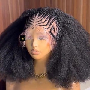 May include: A black afro wig with a braided lace closure. The wig is styled in a voluminous, curly afro with a natural-looking hairline.