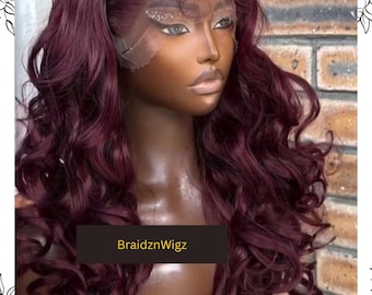 Perruque cheveux naturels bouclés bouclés rebondissants HD bordeaux bordeaux lacets 26 pouces