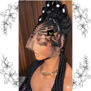 Black African Koroba Braided Wig, Full Lace Front Synthetic, Senegalese Updo Cowrie Shells Braids