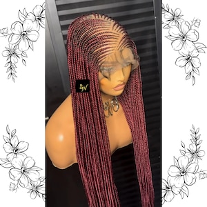 May include: A burgundy braided wig with a lace front. The wig is styled in a long, straight style with a small braid pattern at the crown.