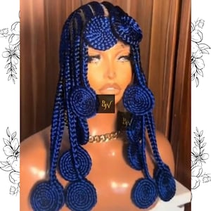 Koroba Style Full Lace Braided Wig – Glueless Colorful Synthetic Cornrow Wig | Realistic Feed-In Tribal Short Blue Blackwomen Braids Wig