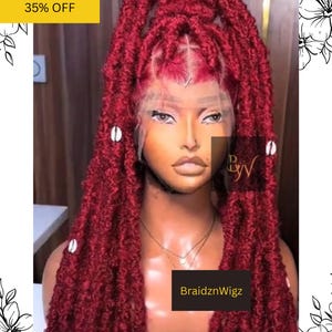 Burgundy Faux Locs Full Lace Braids Wig - Colored Long Dreads, Cowrie Shells Synthetic Dreadlocks