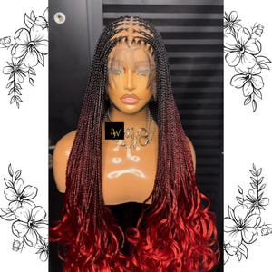 Ombre French Curl Braided Wig, Full Lace Knotless Box Braids Wig Updo, Red Synthetic Small Blackwomen Braids Wig, Goddess Style Ladies Wig