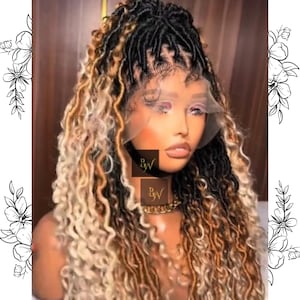 Colorful Boho Faux Locs Wig, Full Lace Butterfly Distressed Goddess Locs, Sister locs Glueless Blackwomen Braids Wig, Long Dread Braidedwig,