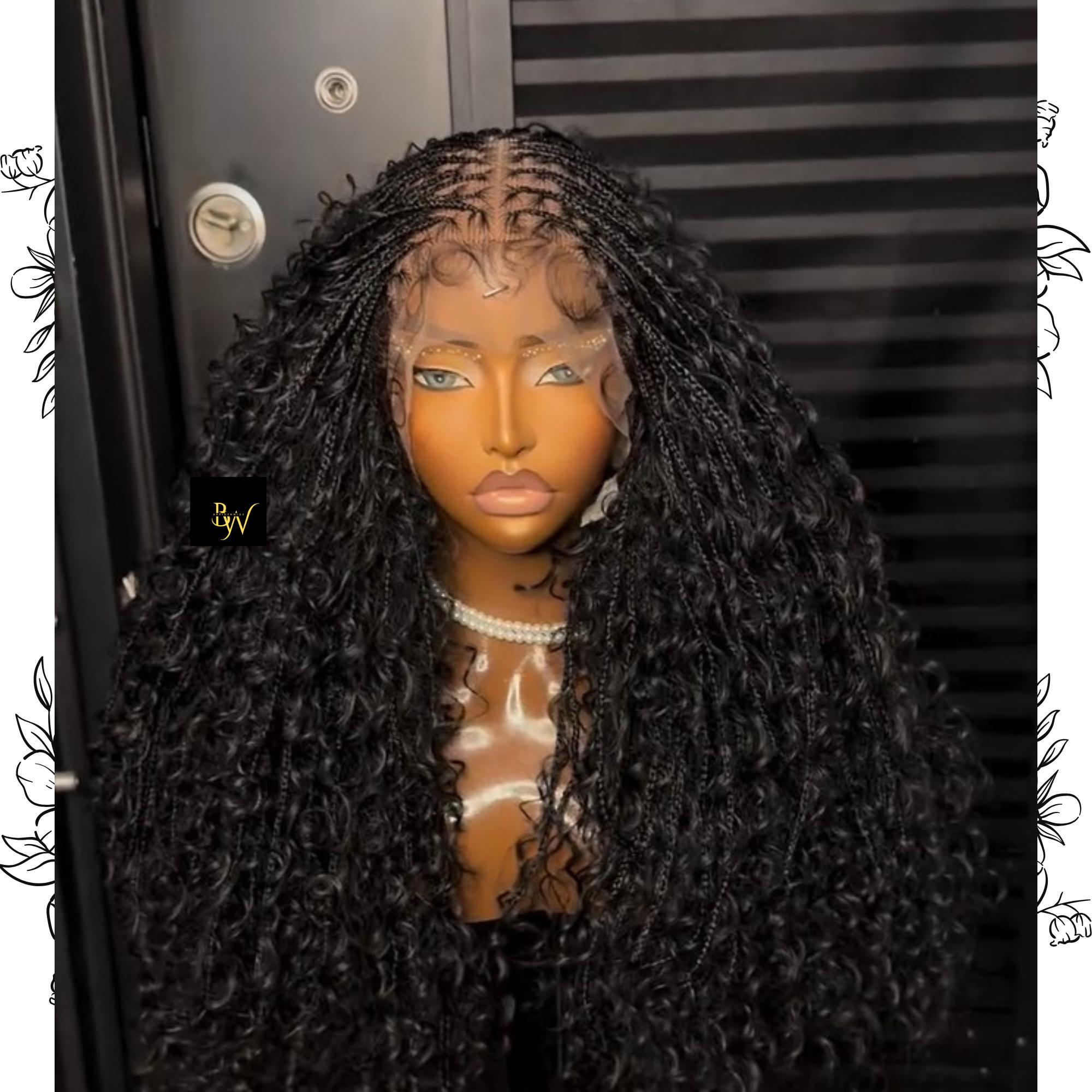 Human Hair/Blend Black Boho Goddess Braided Wig: Lace Front Knotless Curl Braids