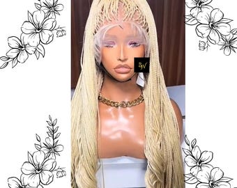 Blonde French Curl Braided Wig, Full Lace Knotless Box Braids Wig Updo, 613 Synthetic Small Blackwomen Braids Wig, Goddess Style Ladies Wig