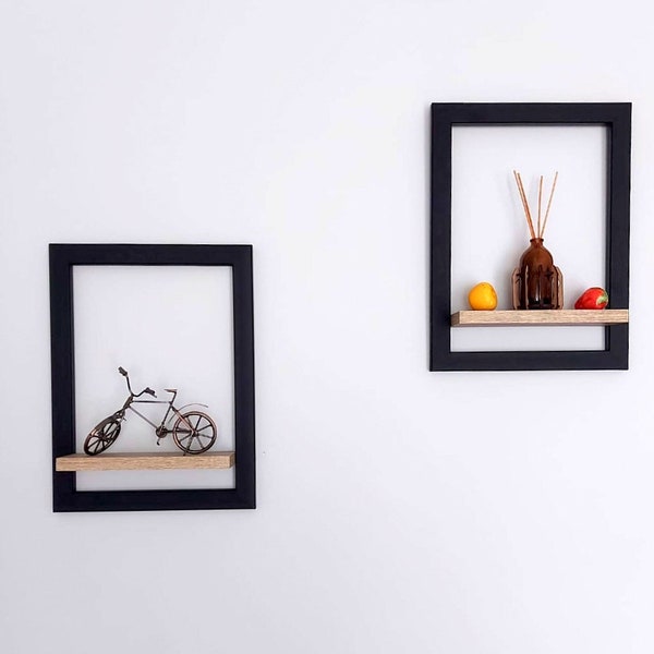 2 Pcs Wooden Frame with Shelves, Wall Frame,Wall Decor Wood Shelf,Black Wood Shelves,Wall shelf for Living Room,Wall Hangings Shelf