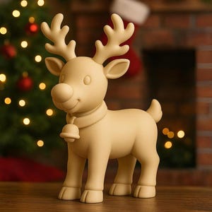 Può includere: Statuetta di renna beige con collare a campana. La renna ha grandi corna e un viso sorridente. La statuetta è su una superficie di legno, con un albero di Natale e un camino sullo sfondo.