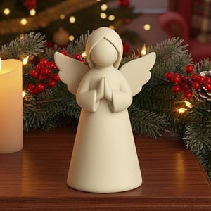 Könnte beinhalten: Eine cremefarbene Engelsfigur mit gefalteten Händen und ausgebreiteten Flügeln. Der Engel ist ein dekorativer Gegenstand, möglicherweise für Weihnachten oder andere Feiertage. Der Hintergrund umfasst brennende Kerzen, einen Weihnachtsbaum und festliches Grün.