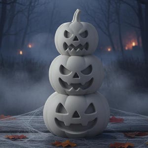 May include: A stack of three white carved pumpkins with menacing faces, arranged on a wooden surface with spiderwebs and autumn leaves. The background features a spooky forest scene with fog and dim lights, creating a Halloween theme.