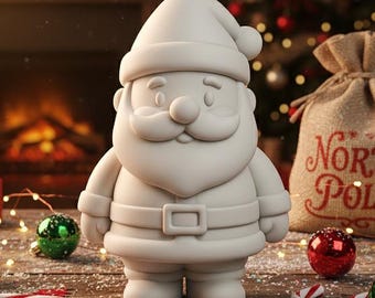 Könnte beinhalten: Eine weiße Santa Claus-Figur steht auf einer Holzoberfläche, umgeben von Weihnachtsschmuck und Zuckerstangen. Ein Jutesack mit der Aufschrift "North Pole" ist im Hintergrund zu sehen. Ein Weihnachtsbaum und ein Kamin sind ebenfalls im Hintergrund.