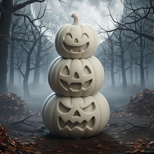 May include: Three white carved pumpkins with varying expressions are stacked in a forest setting, with a full moon in the background. The pumpkins are a Halloween decoration, with a spooky atmosphere.