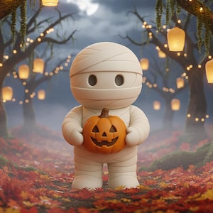 Può includere: Una figura di mummia bianca che tiene in mano una zucca arancione intagliata. La figura è avvolta in bende e si trova in una foresta con foglie autunnali. Lo sfondo presenta alberi con lanterne appese e una luna piena.