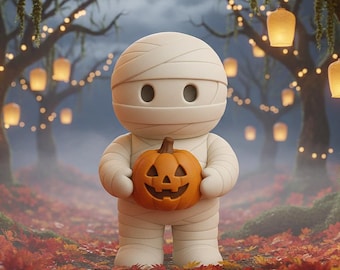 Cute Halloween Mummy with Pumpkin STL File | 3D Printable Halloween Figurine | Pumpkin Holding Mummy Stl | Halloween Decor Digital Download