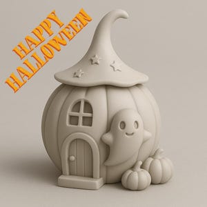 Può includere: Una casa decorativa a tema Halloween beige chiaro a forma di zucca, con un coperchio a forma di cappello da strega, una porta e un fantasma. Le parole "HAPPY HALLOWEEN" sono in testo arancione. Sono presenti anche due piccole zucche.