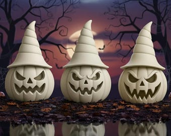 May include: Three off-white Halloween pumpkin decorations with carved faces and tall, pointed hats. The pumpkins are reflected in the water, with a spooky nighttime background of trees and a full moon. Perfect for Halloween decor.