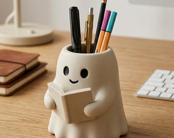 Reading Ghost Pen Holder STL File | 3D Printable Halloween Pen Holder, Jewelry Organizer or Mini Planter | Kawaii Ghost Pencil Cup | Digital