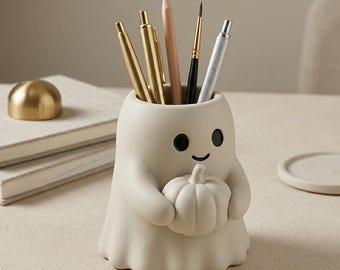 Ghost Holding a Pumpkin Desk Organizer STL File | 3D Printable Halloween Pen Holder, Jewelry Organizer or Mini Planter | Digital Download