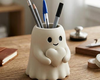 Ghost Holding a Heart Desk Organizer STL File | 3D Printable Halloween Pen Holder, Jewelry Organizer or Mini Planter | Valentine Gift Decor