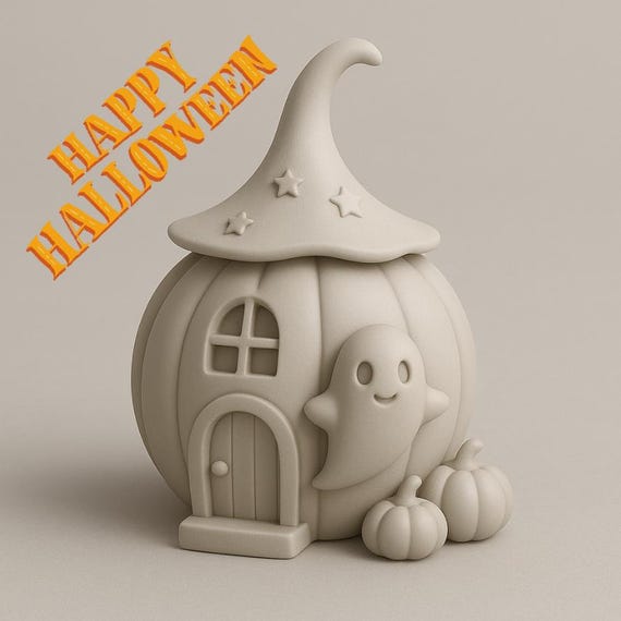 Halloween Pumpkin House STL File with Cute Ghost | 3D Print Haunted Pumpkin Cottage Model | Spooky Fall Home Decor Digital Download