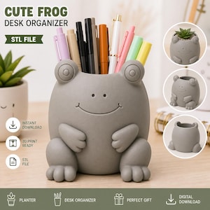 May include: A gray frog-shaped desk organizer holding pens and pencils. The text "CUTE FROG DESK ORGANIZER" is at the top. The image also includes the text "STL FILE", "PLANTER", "DESK ORGANIZER", "PERFECT GIFT", and "DIGITAL DOWNLOAD".