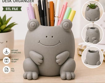 Cute Frog Desk Organizer STL File | Kawaii Pen Holder 3D Print | Frog Planter STL | Nursery Decor | Instant Download
