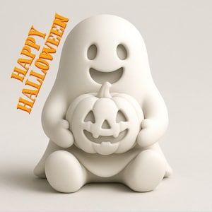 カボチャを持ったかわいいゴーストの3Dプリントモデル | ハロウィーンSTLファイル | 3Dプリント可能なハロウィーンフィギュアSTL | ジャック・オー・ランタンゴーストSTLファイル | デジタル