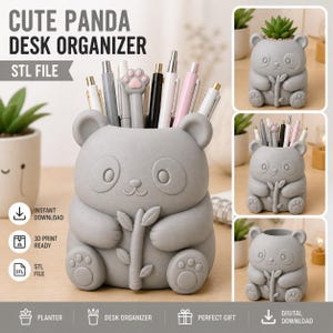 May include: A gray panda-shaped desk organizer holding pens and pencils. The organizer has a cute panda face and is holding a bamboo stalk. The text "CUTE PANDA DESK ORGANIZER" and "STL FILE" are at the top. The organizer can also be used as a planter.