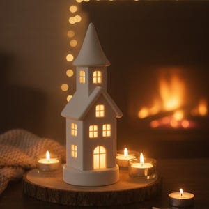 May include: A white ceramic house-shaped candle holder with a steeple, windows, and a round base. The windows glow with warm light from the candles inside. The candle holder sits on a wooden slice with several lit tea light candles.