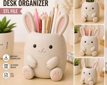 Cute Bunny Desk Organizer STL, Kawaii Rabbit Pen Holder, Bunny Planter STL, 3D Print Desk Decor, Nursery Decor, Instant Download