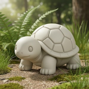 May include: A light grey turtle figurine with a detailed shell and a friendly expression. The turtle is positioned on a bed of small rocks and moss, surrounded by green grass and ferns. The figurine is a decorative item.