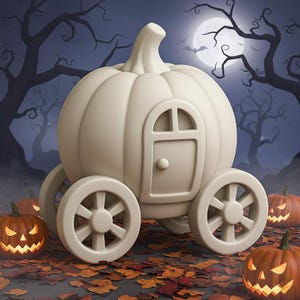 May include: A cream-colored pumpkin carriage with four wheels, a door, and a stem. The carriage is surrounded by carved jack-o'-lanterns and autumn leaves. The background features a full moon and spooky trees, creating a Halloween theme.